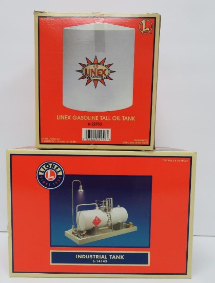 Two new in box Lionel O gauge accessories, Linex gasoline oil tank & Industrial tank both with boxes