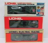 Three Lionel O Gauge train cars, all are Railway Express