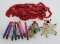 Vintage ornament lot, chenille garland, clay face Santa, snowman and clip on candles