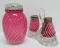 Peppermint stripe cranberry glass sugar shaker and salt and pepper shakers on stand