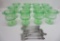12 floral etched green depression glass shrimp cocktail glasses with inserts and 10 forks