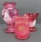 Three pieces of etched cranberry glass, Mary Gregory style, sailing ship and Hungarian souvenir