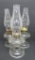 Three glass oil lamps, finger tip handles