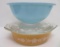 Vintage Pyrex blue mixing bowl #325 and Gold Butterfly casserole #42 with lid