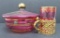 Bohemian cranberry glass covered candy dish with gold bird and floral & glass in metal frame