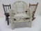 Three doll chairs, miniature wooden and wicker chairs, 11