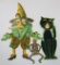 Three vintage and retro Halloween decorations, witch, cat, skeleton