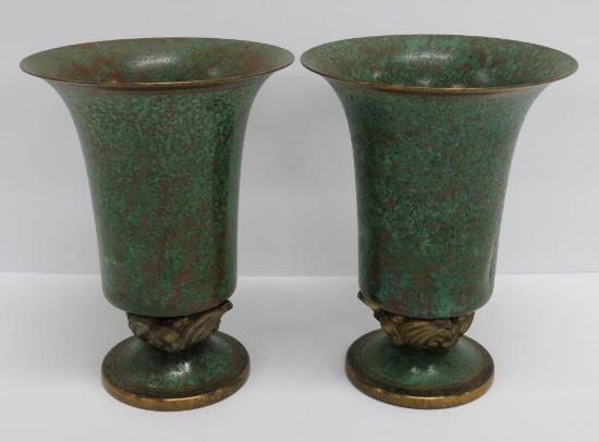 Pair of Bronze verde green vases attributed to Carl Sorensen, , 6 1/2", S founder mark