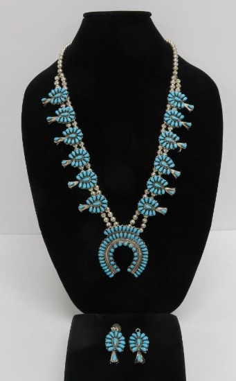 Stunning Sterling and turquoise squash blossom necklace and earrings, 28"