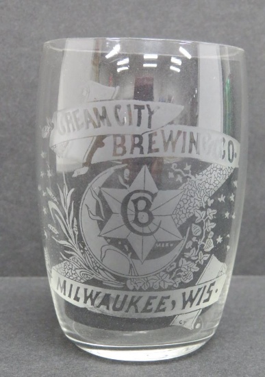 Pre Prohibition etched beer glass, Cream City Brewing Co, Milwaukee Wis, 3 1/2"