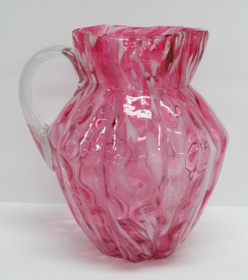 Cranberry spatter pitcher 8", fluted top, applied clear handle