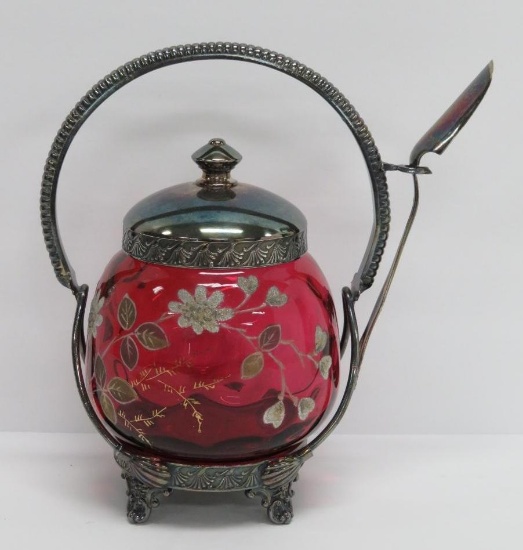 8" Cranberry glass enameled sugar bowl in silver plate frame with spoon