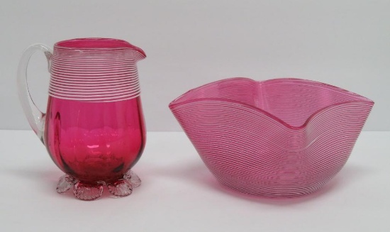 Two pieces of threaded design cranberry glass, pinch bowl and creamer
