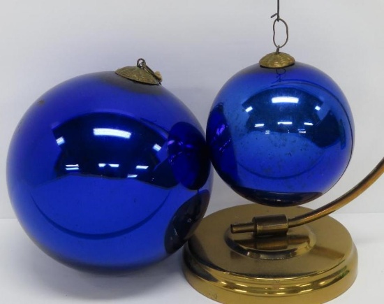 Two cobalt kugel ornaments, 2 1/2" and 4"