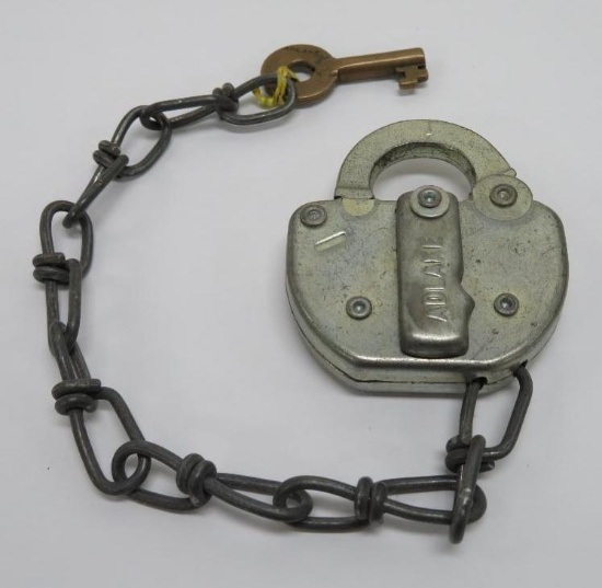 Adlake railroad lock with key, C & NW, 3 1/2"