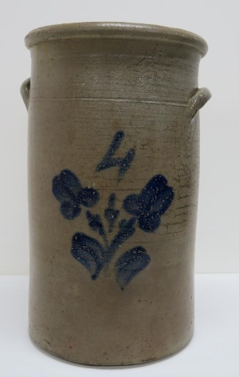 4 gallon churn base, cobalt decorated floral, 15 3/4" tall