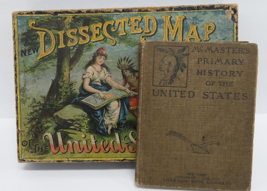 1887 Dissected Map of the United States by McLoughin, original box, complete, and History book