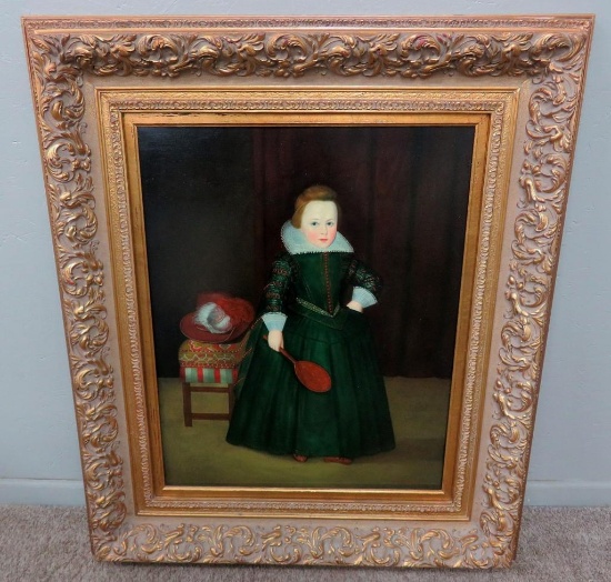 Elizabethian style portrait, oil painting on canvas, ornate frame, L Kninardi
