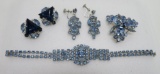 Beautiful blue rhinestone jewelry lot, necklace, earrings and pin