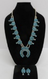 Stunning Sterling and turquoise squash blossom necklace and earrings, 28