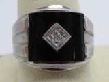 Black Onyx and diamond chip men's ring with box, size 11 1/2