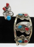 Native American turquoise and coral bracelet and matching ring