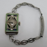 Art Deco Elgin woman's wrist watch, enamel and inset stones, 14 kt gold filled