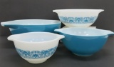 Four cinderella bowls, Pyrex, blue and white, blue Horizon