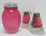 Peppermint stripe cranberry glass sugar shaker and salt and pepper shakers on stand