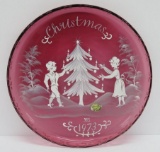 1970 Cranberry glass Christmas Plate, Mary Gregory style, 8