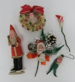 Five Vintage clay face Santa Christmas pieces and vintage wrapped box