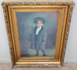 Large portrait painting on canvas of boy with carnival cane, framed 30