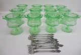 12 floral etched green depression glass shrimp cocktail glasses with inserts and 10 forks