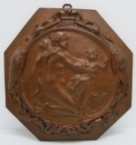 Bronze wall plaque woman and children with stork border, 14
