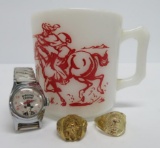 Western premiums, Hopalong Cassidy watch, Davy Crockett mug, rings
