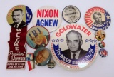 12 Political buttons, including two Vari Vue, Nixon, Agnew, LBJ, McGovern, and Kennedy
