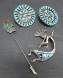 Native American jewelry, stick pin, Kopeli pendant and turquoise earrings