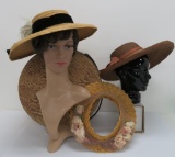 Three vintage straw garden party hats with snake skin patterned hat box