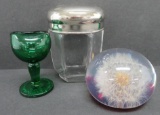 Vanity items, eye wash, covered jar and paperweight