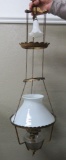 Hanging oil lamp with milk glass shade and smoke bell