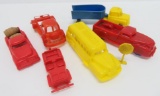 Six vintage colorful plastic toy trucks and jeep, 2 1/2