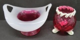 Cranberry glass vases with applied glass and frosted glass, 3 1/2
