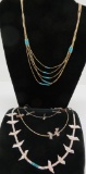 Three bird necklaces and cylinder bead necklace, 15