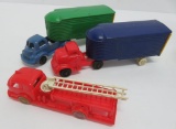Two Banner plastic semi truck with trailers, Wyndotte plastic Fire Engine Ladder truck