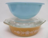 Vintage Pyrex blue mixing bowl #325 and Gold Butterfly casserole #42 with lid