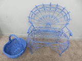 Youth size ornate metal bench and basket, painted blue