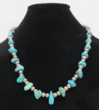 Turquoise and silver bead necklace, 23 1/2