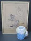 1931 Pen and Ink framed kitty and 4 1/2