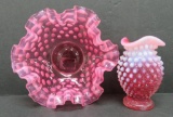 Two hobnail cranberry glass pieces