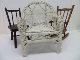 Three doll chairs, miniature wooden and wicker chairs, 11